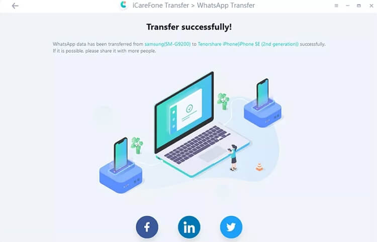 WhatsApp transfer is successful on iCareFone